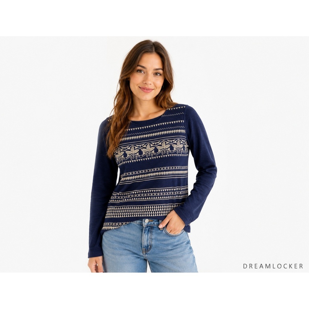 THML‎ Small Navy Blue Geometric Embroidered Long Sleeve Knit Top Boho Small